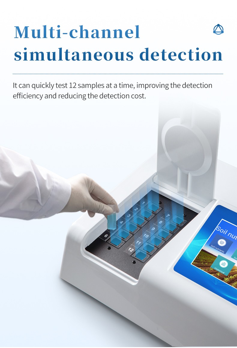 12-channel optical colorimetric detection area allowing simultaneous batch testing of 12 soil and fertilizer samples